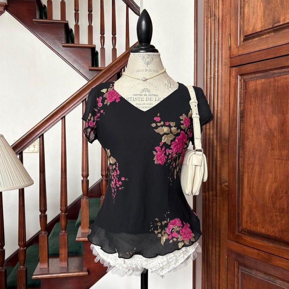 Jolibel Vintage Gothic Whimsical Floral Blouse Pink Black Green Elegant